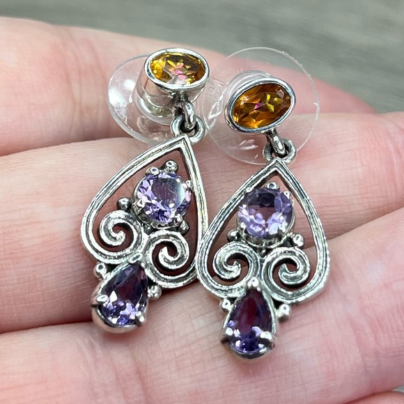 Nicky Butler Sterling Silver Amethyst Topaz Multi Gem Scroll Heart Drop Earrings - Picture 4 of 10